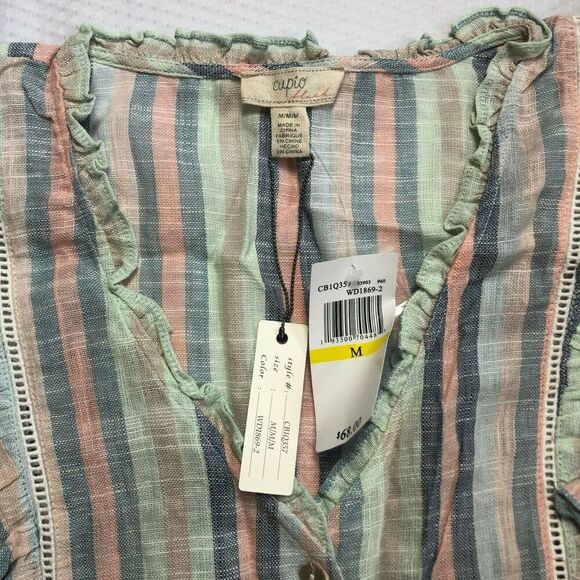 Cupio Multi Color Striped Ruffle Sleeveless Button Up Shirt Top Blouse Size M NW - Picture 2 of 6